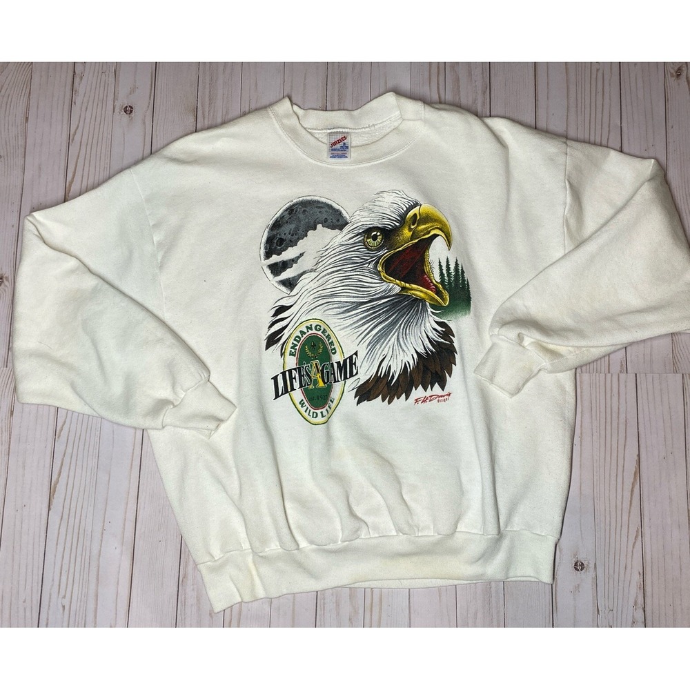Vintage Jerzees Sweatshirt Mens 2XL White Eagle Life Is A Game Maryland‎ Graphic
